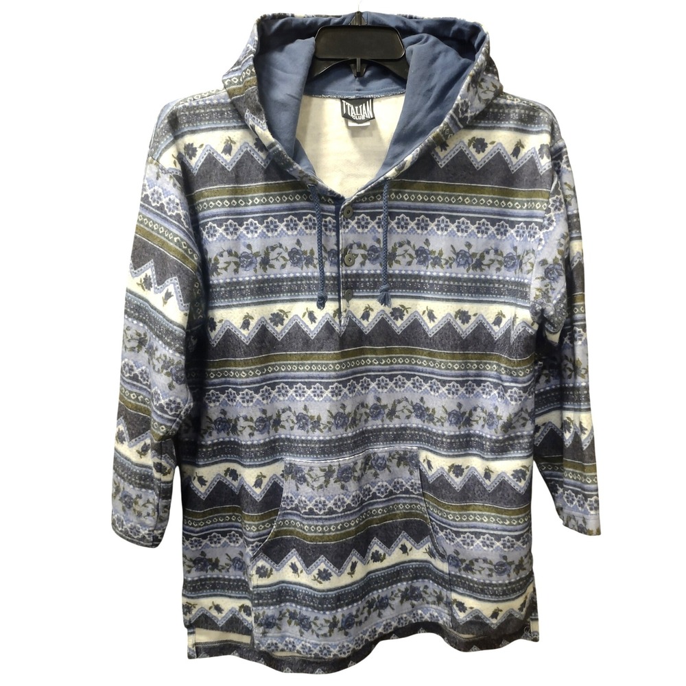 Vintage‎ Italian Club Fleece Hoodie Pullover Blue Floral Pattern Relaxed Fit M/L